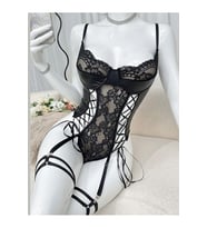 Kadın Siyah Deri Görünümlü Dantel Detaylı Jartiyerli Fantezi Gecelik & Body Lingerie - LB-248