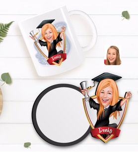 BK Gift Kişiye Özel Kadın Mezun Karikatürlü Beyaz Kupa ve Ahşap Bardak Altlığı Hediye Seti-1