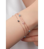 GÜMÜŞ ROSE RENKLİ GÖZ NAZAR BONCUKLU ÜÇ ZİNCİRLİ BİLEKLİK (Karışık)