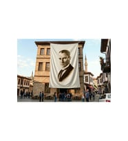Kravatlı Takım Elbiseli Gazi Mustafa Kemal Atatürk Poster Bayrak Premium Raşel Kumaş ATA31