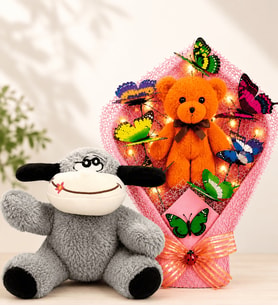 LED Işıklı Ayıcıklı Büyük Boy Kelebek Buketi ve Peluş Eşek Sevgiliye Arkadaşa Anneye Kadına Hediye