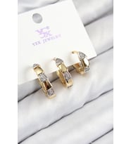 Pirinç Zirkon Taşlı 3'lü Halka Model Gold Ve Gümüş Renk Kadın Küpe (Altın)