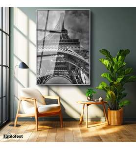 Gümüş Renk Metal Çerçeveli Tamperli Cam Tablo Paris Eyfel Kulesi Taban Mimarisi Şehir Mimari Tablo Duvar Dekoru