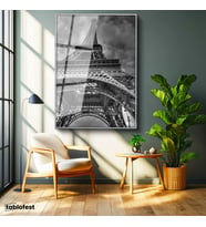 Gümüş Renk Metal Çerçeveli Tamperli Cam Tablo Paris Eyfel Kulesi Taban Mimarisi Şehir Mimari Tablo Duvar Dekoru
