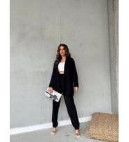 Kadın Beli Lastikli Bürümcük Kumaş Pantolon Kimono 2li Takım Set Siyah