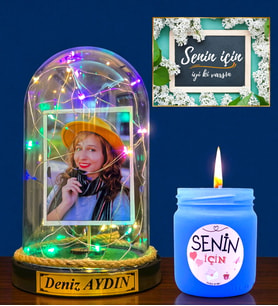 Kişiye Özel Renkli Led Işıklı Fanus ve Renkli Mis Kokulu Mum Hediye Seti DN1 (Model 4)