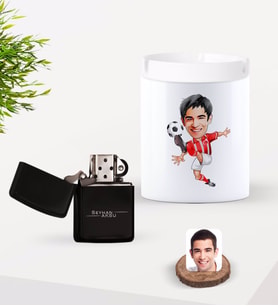 BK Gift Kişiye Özel Türkiye Milli Takım Formalı Futbolcu Karikatürlü Siyah Benzinli Metal Çakmak ve Seramik Kül Tablası Seti-1 (Model 1)