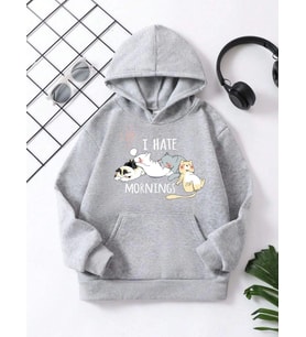 Çocuk Unisex Kapüşonlu Kedicik Baskılı Pamuklu Sweatshirt - Gri