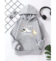 Çocuk Unisex Kapüşonlu Kedicik Baskılı Pamuklu Sweatshirt - Gri