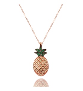 925 Ayar Gümüş Zirkon Taşlı Tropik Ananas Tasarımlı Kolye Rose