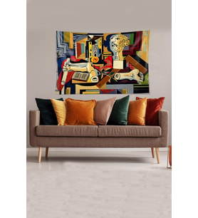 Turuncu-Sarı Kübik Çizim Leke Tutmaz Kadife Kumaş Duvar Örtüsü Duvar Halısı Tapestry