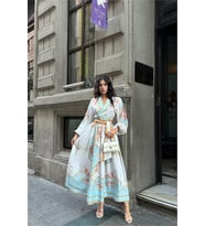 Neşeli butik kadın kuşaklı midi boy desenli elbise NBMS42149 (Beyaz)