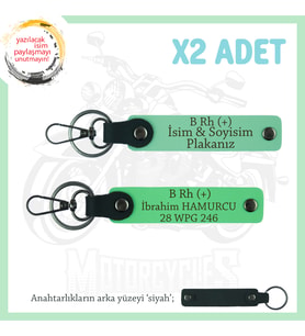 Motosiklet Aşıklarına Özel, İsim Plaka ve B Rh (+) Kan Grubu Yazılı x2 Anahtarlık, Yeşil-F Yeşil-Syh