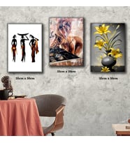 sarı çiçekli saksı ve kadın tablosu 3 adet 35cmx50cm kumaş baskılı canvas tablo