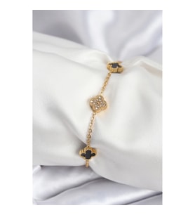 Mey İthalat® 316L Çelik Gold Renk Siyah ve Zirkon Taşlı Baby Boy Yonca Kadın Bileklik