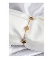 Mey İthalat® 316L Çelik Gold Renk Siyah ve Zirkon Taşlı Baby Boy Yonca Kadın Bileklik