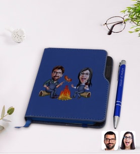 BK Gift Kişiye Özel Sevgililer Karikatürlü Lacivert Termo Deri Defter Kalem Seti-95