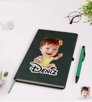BK Gift Kişiye Özel Bebek Karikatürlü Yeşil Termo Deri Defter Kalem Seti Model 1