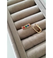Gold Baget Taşlı Renkli Oval Halka Küpe