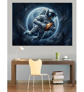 Uzayda Futbol Oynayan Astronot Figürü Dekoratif Kanvas - Mdf Ahşap Tablo