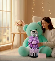Premium 90 cm Peluş Ayı ve Silindir Kutuda, Kalpli Balonlu 6’lı Mor Ayıcık Buketi Sevgiliye Hediye (Turkuaz)