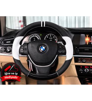 BMW X5 E70 Dikme Direksiyon Kılıfı Delikli Deri Parlak Siyah Beyaz Detay Çift Yüzük ve Dikiş 2006-2013