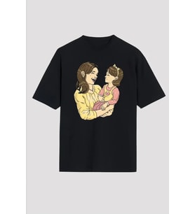 Anneler Günü Hediye Anne Kız Temalı Baskılı Oversize Bisiklet Yaka T-shirt - Siyah