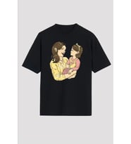 Anneler Günü Hediye Anne Kız Temalı Baskılı Oversize Bisiklet Yaka T-shirt - Siyah