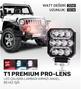 T1 PRO-LENS Çalışma Lambası - Kırmızı Angel, Beyaz Işık, 4,800 Lümen, 20 Watt, 12-24 Volt Uyumlu