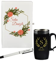 Çiçek ve İsim Tasarımlı Kişiye Özel Defter Kalem Siyah Termos Mug Seti