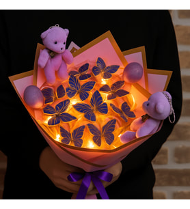 Ledli 24 Adet Kelebek Buketi Lila Renkli Peluş Ayıcıklı Kalp Motifli