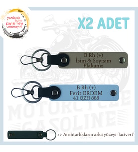 Motosiklet Aşıkları İçin, İsim Plaka ve B Rh (+) Kan Grubu Yazılı 2'li Anahtarlık, Kül Gri-Mavi-Laci
