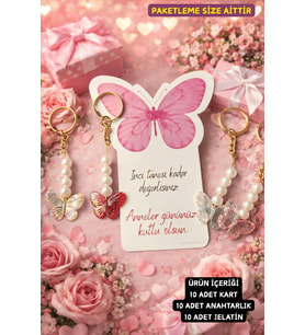 Butterfly  Renkli Kelebek Anahtarlık- Anneler Günü Hediyesi - 10 Adet - Pembe Kelebek Konsept Kart