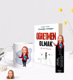 BK Gift Kişiye Özel Kadın Öğretmen Karikatürlü Beyaz Kupa Ahşap Kitap Ayracı ve Öğretmen Olmak Kitabı Hediye Seti-3