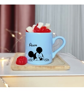 Mickey Mouse Tasarımlı Kişiye Özel Mavi Türk Kahvesi Fincanı