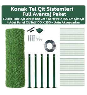 KONAK TEL ÇİT SİSTEMLERİ SET 100 CM X 10 M ÇİM ÇİT +4 ADET PANEL ÇİT TELİ 100 CM X 250 CM + 5 ADET 100 CM DİREK + GERGİ TELİ VE AKSESUARLAR DAHİL AVANTAJ PAKET