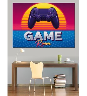 Neon Pembe Mavi"Game Room" Oyun Konsolu Dekoratif Kanvas - Mdf Ahşap Tablo