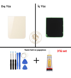 Samsung Galaxy Z Flip 5 Krem Renk Arka Kapak + Tamir Seti + B7000 Yapıştırıcı Arka Cam Batarya Kapağı Pil Kapağı Lazer Kesim Back Cover Galaxy Z Flip 5 Uyumlu