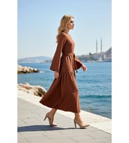 Kadın Maxi Elbise Uzun Kollu Bisiklet Yaka A-line Kesim Kuşaklı Astarsız Keten Dokulu Rahat Günlük