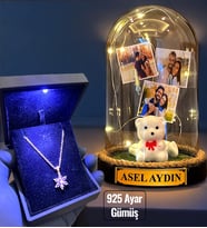 Premium Işıklı Kutuda 925 Ayar Gümüş Lotus Kolye ve Kişiye Özel Led Işıklı Fanus (Model 3)