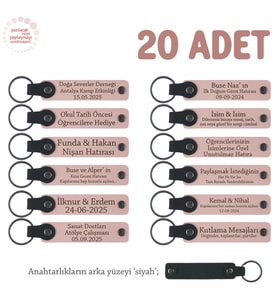 Planlama Etkinliği Hatırası, 20'li Set, Kişiye Özel Yazılı Deri Anahtarlık Hediye, Pudra & Siyah