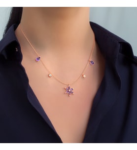 Beşli Ametist Taşlı Lotus Çiçeği Rose Gümüş Kolye