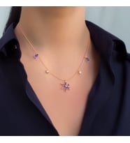 Beşli Ametist Taşlı Lotus Çiçeği Rose Gümüş Kolye