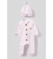 Unisex Tahta Düğme Görselli Şapkalı Waffle Bebek Tulum - Beyaz