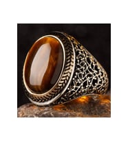 Oval Kahverengi Kaplangözü Taşlı Simetrik Desen Gümüş Erkek Yüzük
