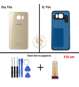 Samsung Galaxy S6 Gold Renk Arka Kapak + Tamir Seti + B7000 Yapıştırıcı Arka Cam Batarya Kapağı Pil Kapağı Lazer Kesim Back Cover Galaxy S6 Uyumlu