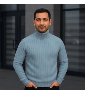 Erkek Balıkcı Yaka Bağazlı Triko Kazak Pamuklu Kalın Fitilli Dokuma, Regular Fit Uzun Kollu Kışlık M