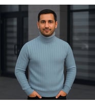 Erkek Balıkcı Yaka Bağazlı Triko Kazak Pamuklu Kalın Fitilli Dokuma, Regular Fit Uzun Kollu Kışlık M