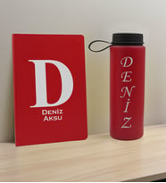 BK Gift Kişiye Özel İsimli Kırmızı Defter ve Cam Matara Hediye Seti-5, Sevgiliye Hediye, Arkadaşa Hediye, Yeni İş Hediyesi
