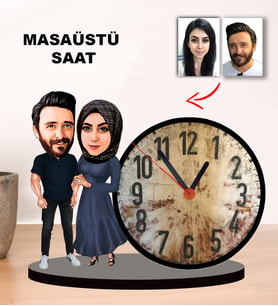 KARİKATÜR TESETTÜRLÜ ÇİFT, SEVGİLİ, EVLİ, EŞE HEDİYE, SEVGİLİYE HEDİYE MASAÜSTÜ SAAT 2